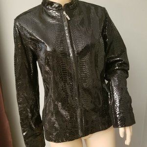 CHICO'S Size 1 Black Shiny Embossed Snake Reptile Print Lined Leather Jacket M/8